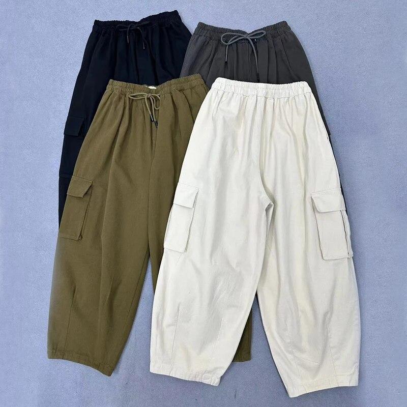Johnature Spring Minimalist Classic Solid Color Drawstring Elastic High Waisted Casual Pants Women Workwear Pockets Harlan Pants