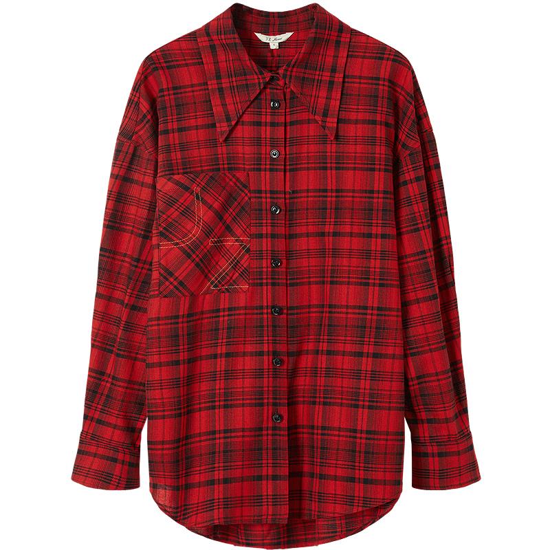 JUZUI Women s Stylish Plaid Drop-Shoulder Lapel Shirt S