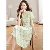 Mint Mambo Green Floral Two-Piece French Style Slim Waist Summer Dress