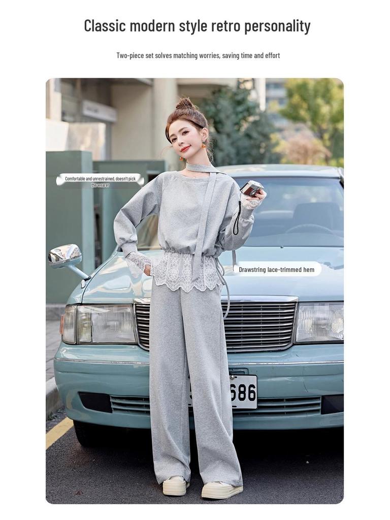 2025 Stilvolles Sweatshirt- und Hosen-Set mit Spitze für Frühling/Herbst