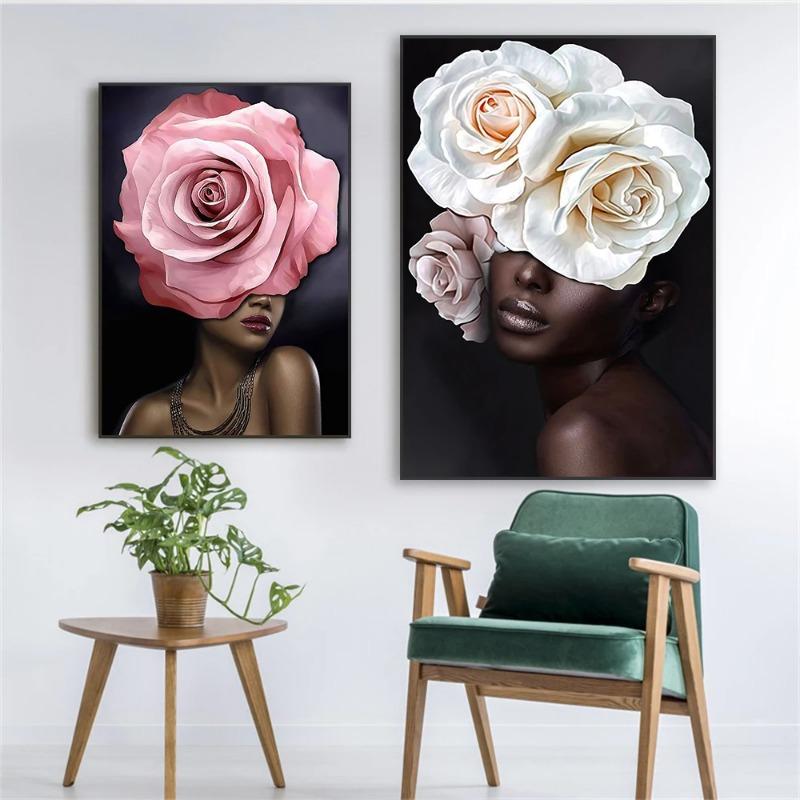 African Woman Canvas Art With Flower Head Poster Floral Head Woman Canvas Painting African American Sexy Woman Prints Bedroom
