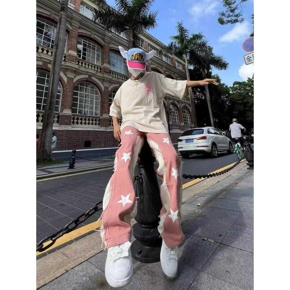 Buy Star Print Colorblock Contrast Patchwork Pink Jeans Pant