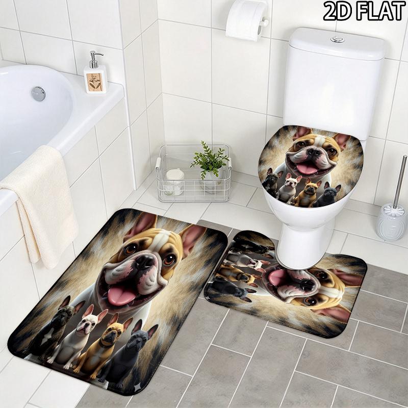 French Bulldog Pattern 3Pcs Bathroom Rug Set, Non Slip Absorbent Bath Mat, Contour Mat & Toilet Lid Cover, Bathroom Decor