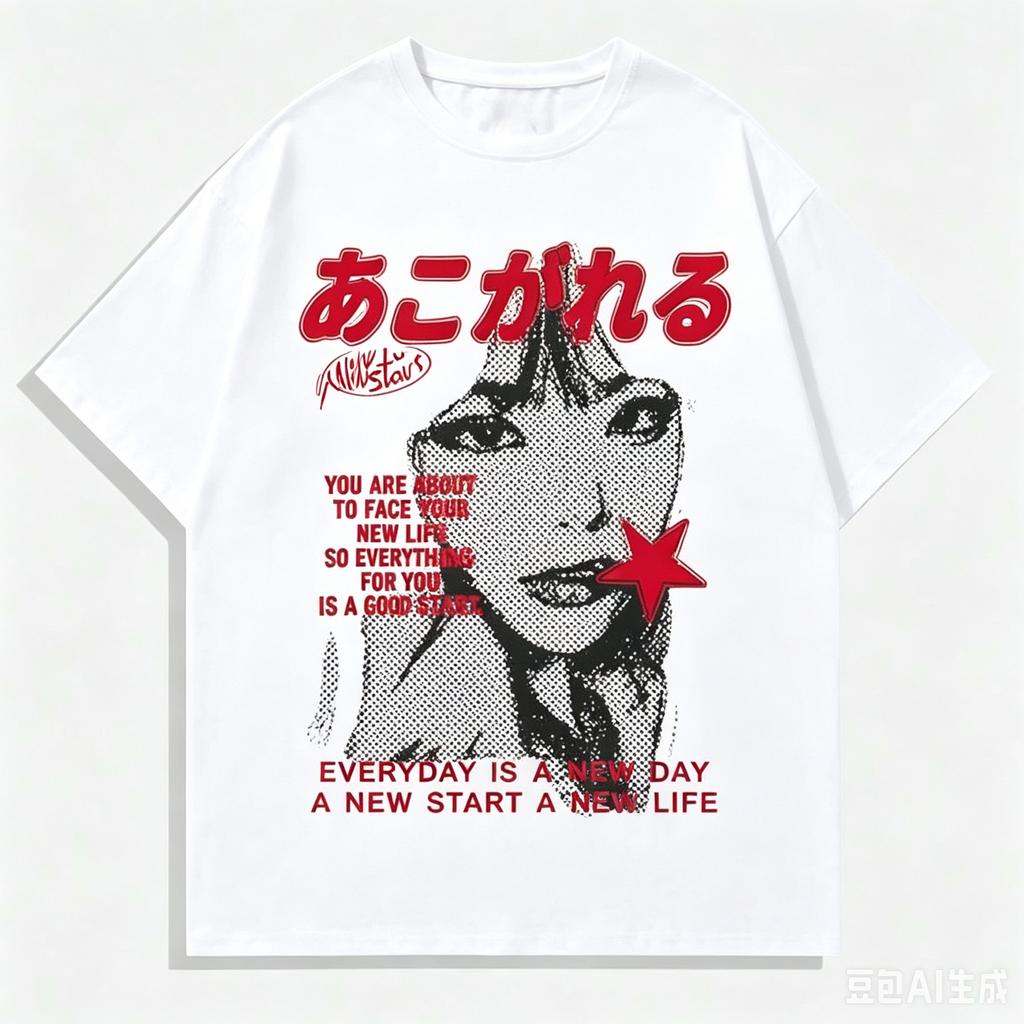 Halftone Girl Portrait Red Star Japanese Text Print T Shirt Y2k Punk Harajuku Unisex Oversized Graphic Short Sleeve Tee