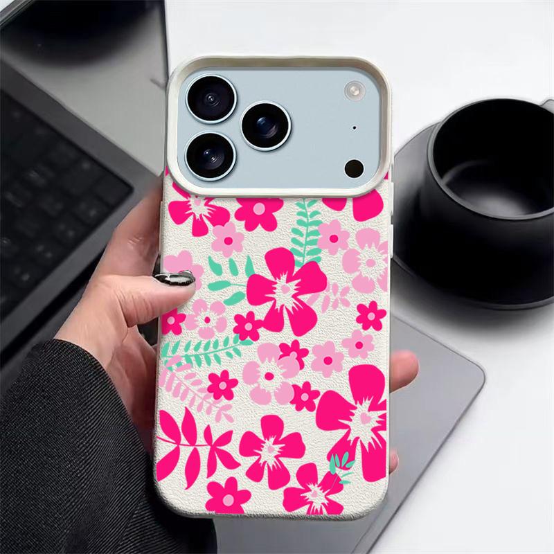 Vibrant Magenta Floral Design Flexible & Durable Shockproof Soft TPU Leather Texture Cover Case for iPhone 17 Pro Max Air 16e 16 15 14 13