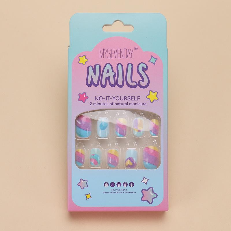 

Rainbow Heart Nail Art Set for Kids - 24 Removable Short Pieces Glue Style