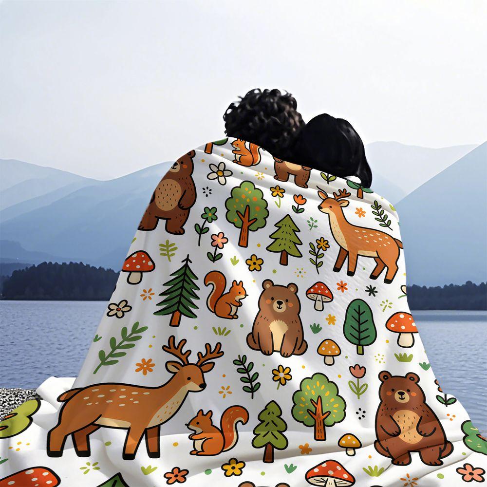 Woodland Bear Deer Squirrel Blanket Flannel Throw Warm Gift Blanket HD Print Nature Sofa Cover