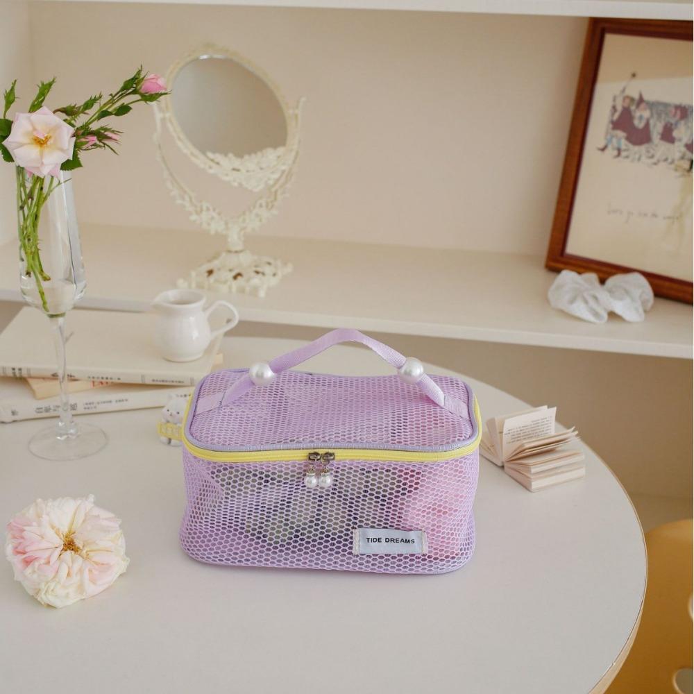 Large Capacity Mesh Cosmetic Bag Solid Color Pillow Makeup Pouch Transparent Makeup Bag  Outdoor