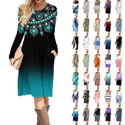 Women's Gradient Sequins Printed Casual Dress Spring Autumn Pocket Round Neck Long Sleeve Dresses