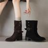 Krazing Pot Cow Suede Nubuck Winter Round Toe Modern Boots Med Heels Slip on Metal Rivets Women Mid-calf Boots
