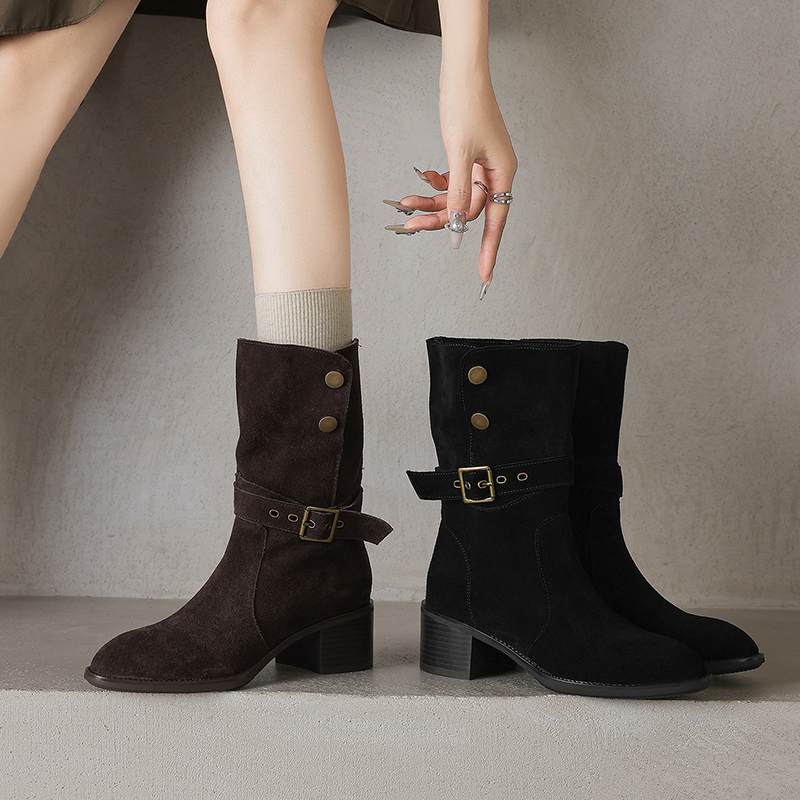 Krazing Pot Cow Suede Nubuck Winter Round Toe Modern Boots Med Heels Slip on Metal Rivets Women Mid-calf Boots
