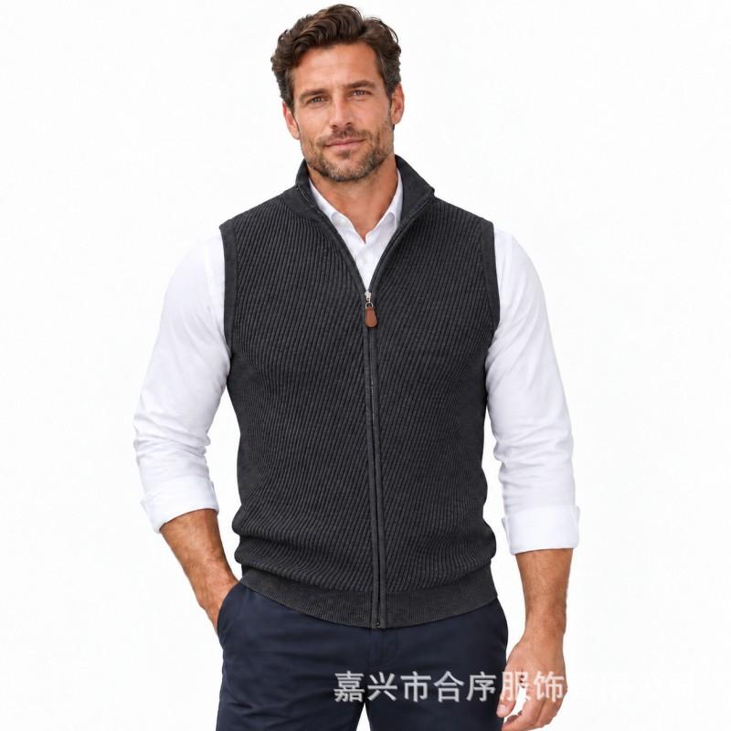 Mens Knit Vest Business Stand Collar Full Zip Slim Fit Sleeveless Sweater Winter