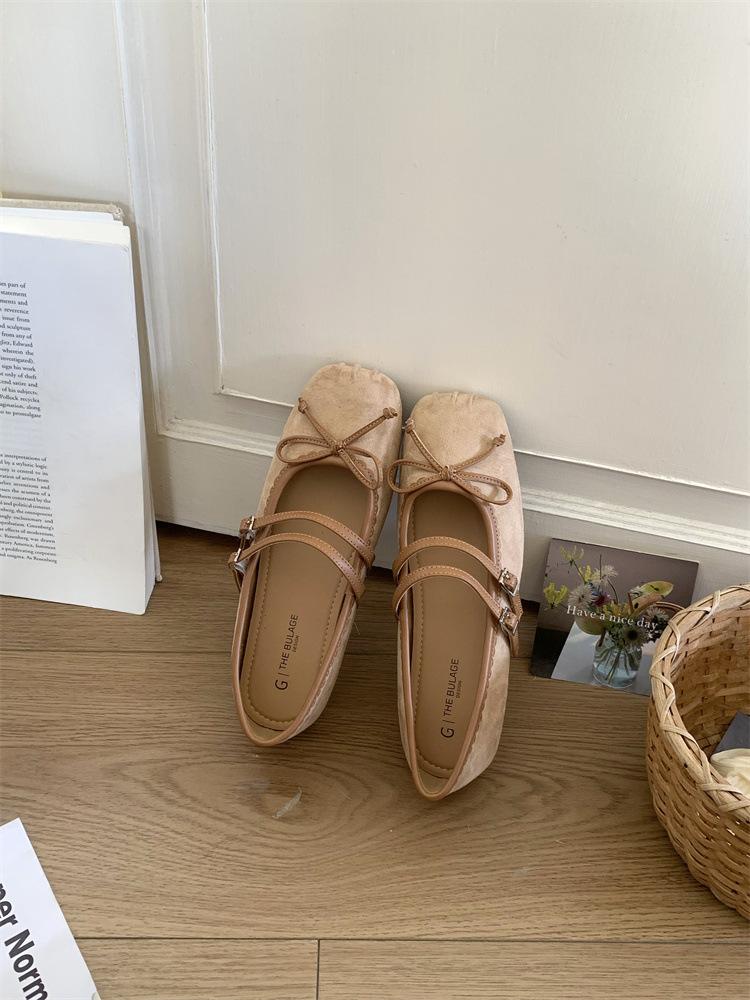 Flat-bottomed Bow Suede Single Shoes Women's 2025 New Ballet Shoes One-word Buckle with Pleated Square Head Mary Jane Shoes