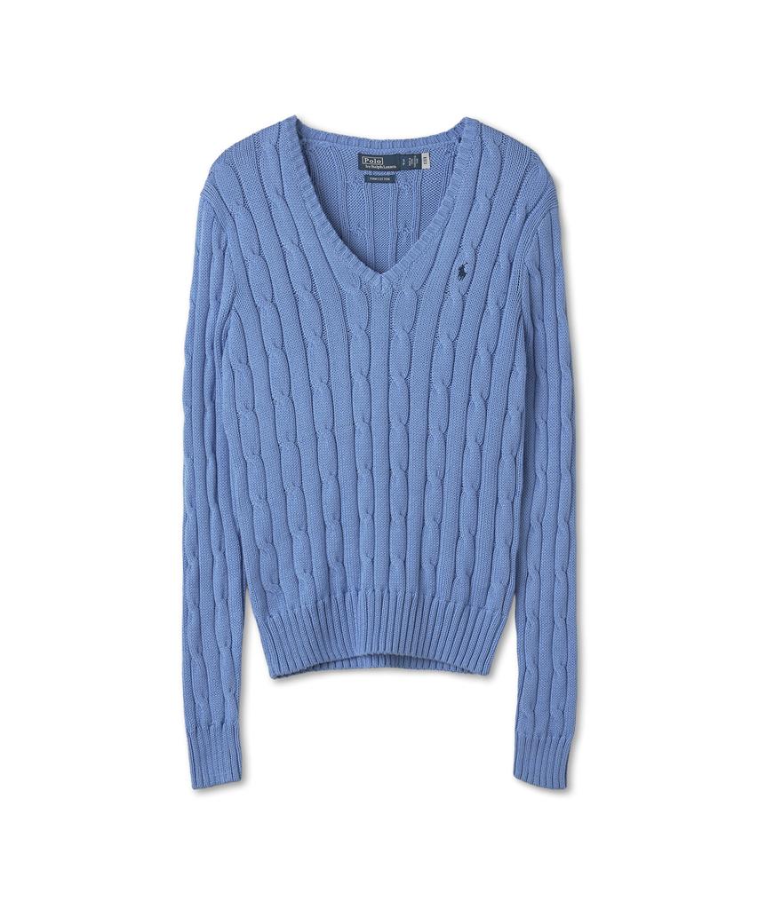 POLO RALPH LAUREN Cable Knit Cotton V-Neck Sweater - Blue