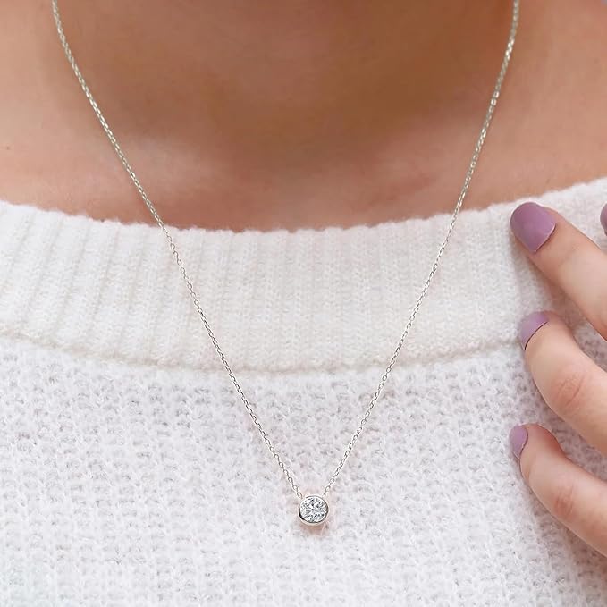 1 Carat 6.5MM Moissanite Diamond Solitaire Necklace for Women 14K White Gold over 925 Sterling Silver Handmade Pendant