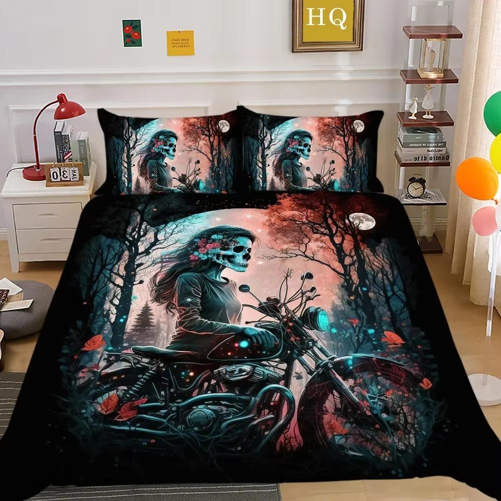 Skull and Beauty Duvet Cover Set Full Size Gothic Sugar Skull Angels and Demons Bedding Set with Pillowcase Twin Double Bed Sets