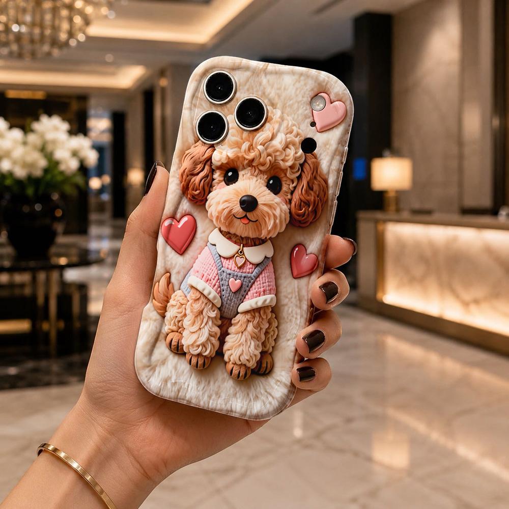 Fluffy Teddy Pink Gloss Heart Phone Case For iPhone 17 16 15 14 13 12 11 Pro Max Plus Wavy Edge Cover