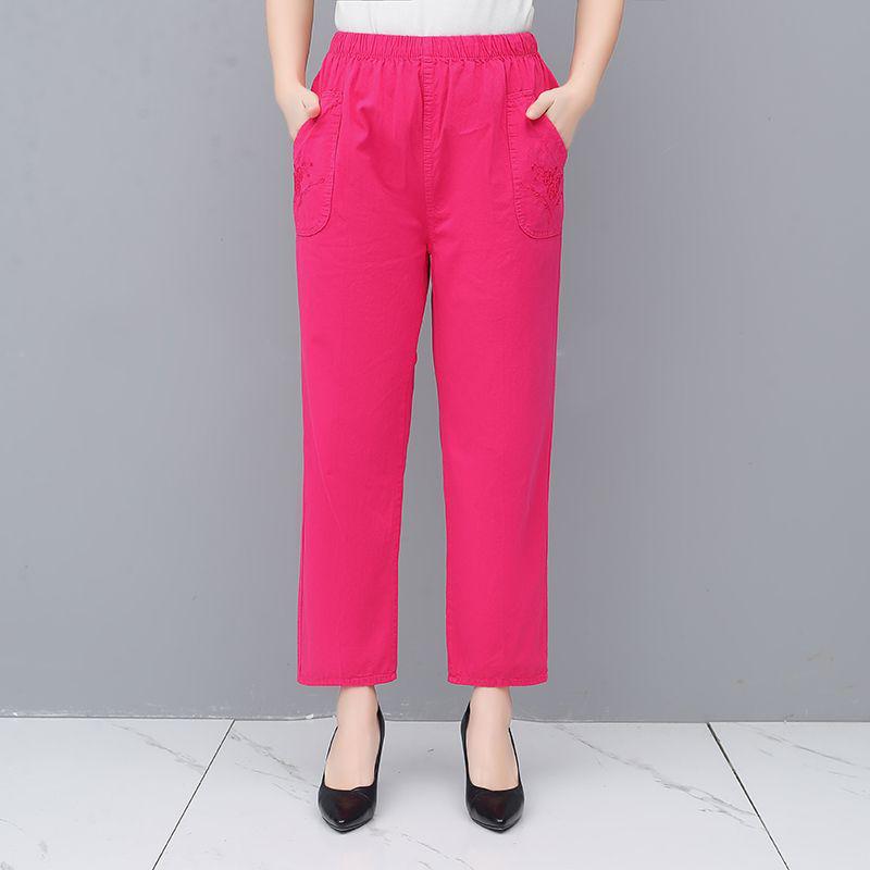Mom's Cotton Embroidered Nine-Point Pants for Seniors, Casual Straight-Leg Pants for Spring & Autumn