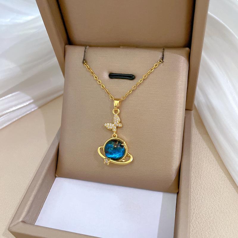 Butterfly Starry Sky Light Luxury Temperament Gorgeous Full Diamond Necklace Female Versatile Collarbone Chain Titanium Steel Chain