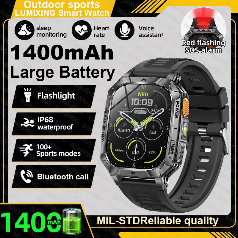 Military outdoor Smart Watch Fitness Clock Men 2.01 inch AMOLED Screen 1400mAh Battery Flashlight HD Call Waterproof Smartwatch