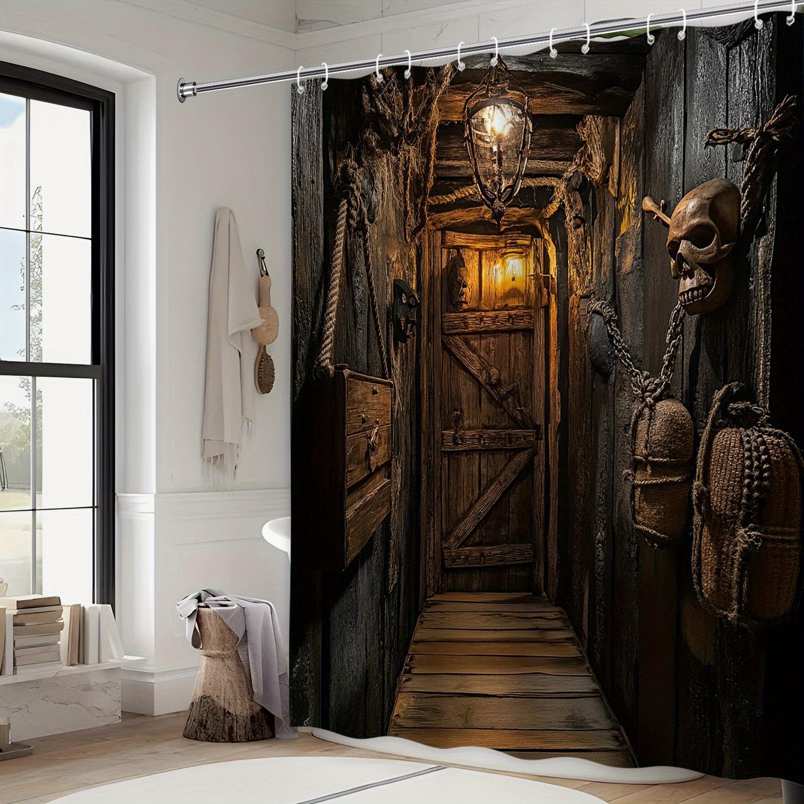 Textile Article Light Medieval Wooden Corridor Bath Curtain - Spooky Skull & Lantern Design, Mystical Polyester, Ideal For Halloween & Themed Baths