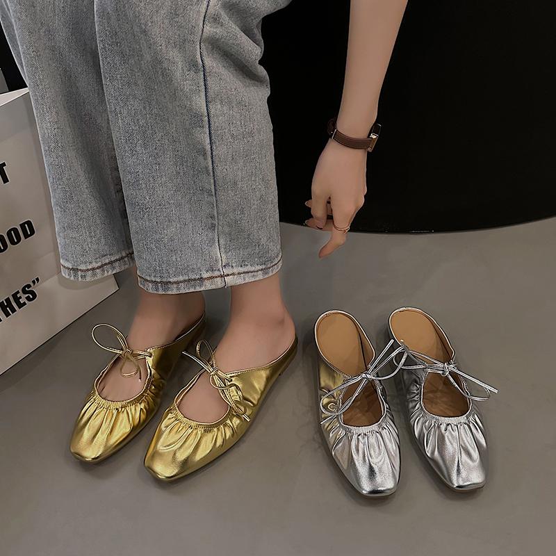 Móda Nový Styl Módní Baleríny Dámská Kožená Obuv Dámská Úzký Pásek Stříbrné Baleríny Bling Bling Zlaté Kulatá Špička Jarní Obuv