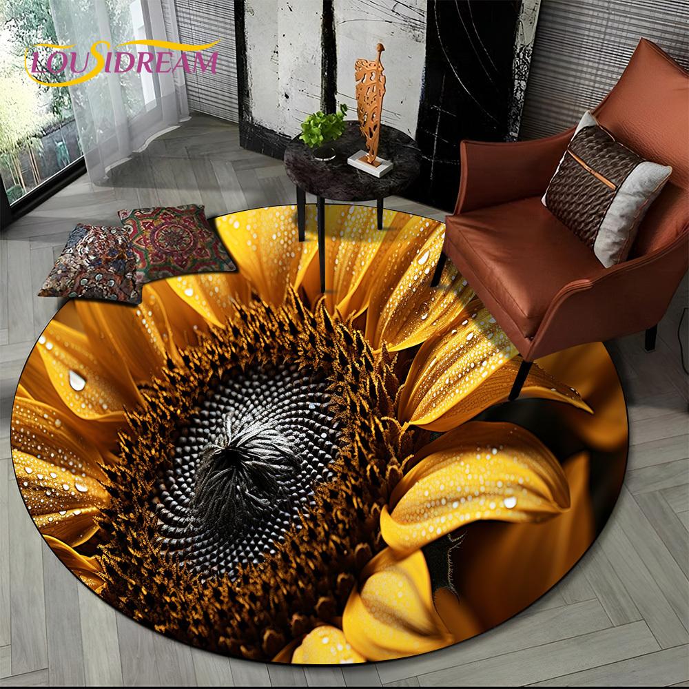 Luxuriöser Sonnenblumen 3D Rosen Nordische Gänseblümchen Runder Teppich Teppich für Wohnzimmer Schlafzimmer Sofa Dekor, Kinderbereich Teppich Rutschfeste Bodenmatte Geschenk
