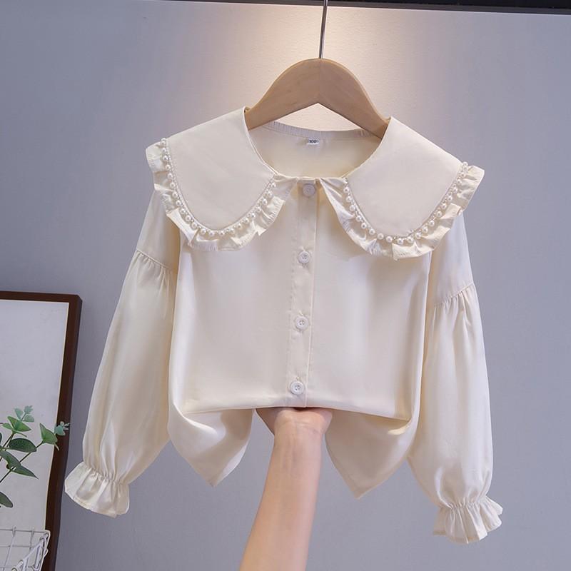 Girls Ruffled Collar Long Sleeve White Blouse Kids Elegant Lapel Button Down Shirt