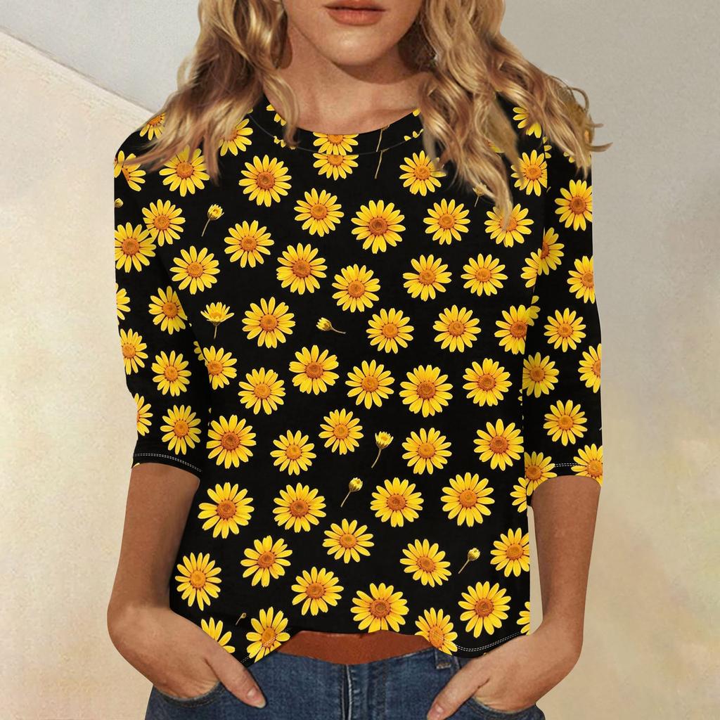 Women's Casual Three Quarter Sleeve Floral Print Round Neck Top Lightweight Comfortable Fit Everyday Wear