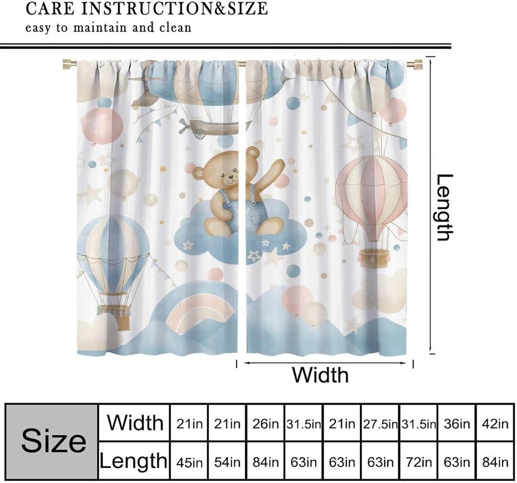 Cartoon Blue Bear Curta For Boys,Watercolor Little Cute Animal Aircrafts Hot Air Balloons Rainbow Window Drapes For Baby Boys
