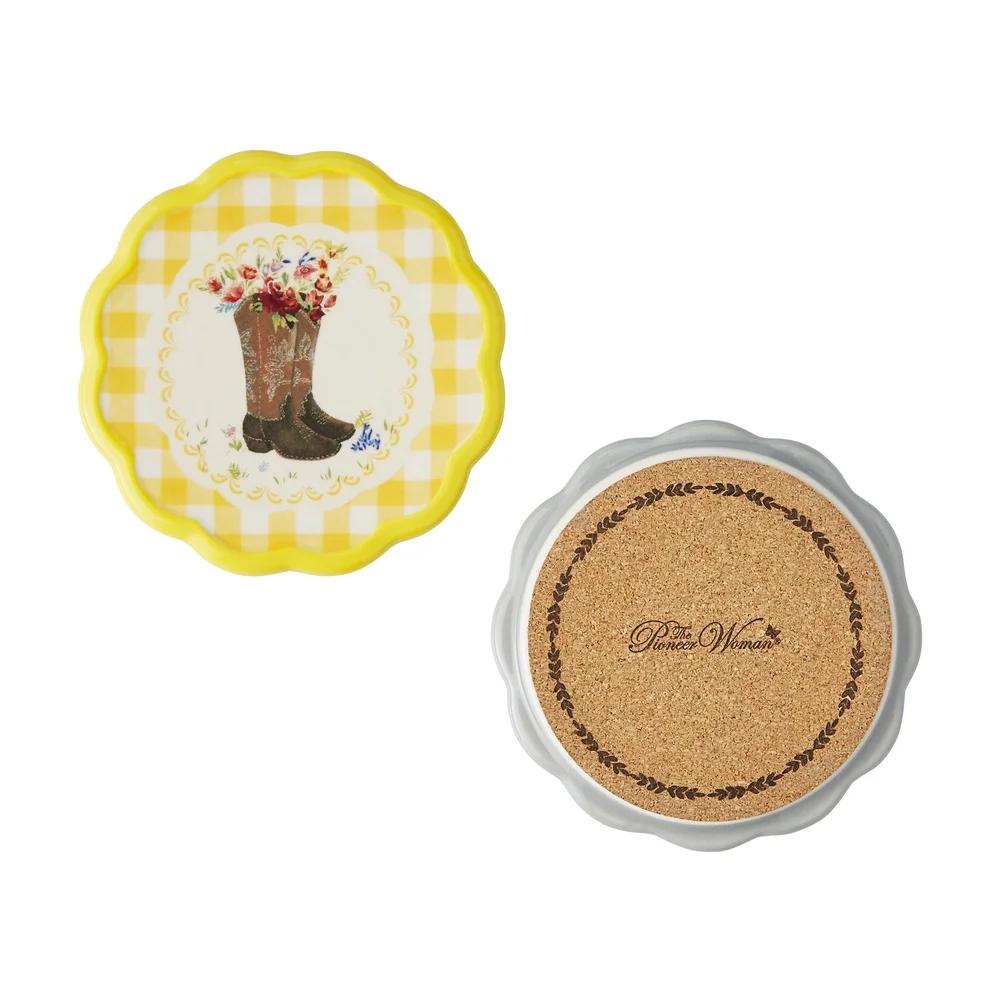 Set of 4 Gingham Ranch Coasters Stoneware Decorative Functional Water Stain Protection Hand Wash Unique Novelty Designs Durable