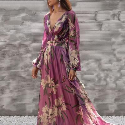 Damen Maxikleid Tief ausgeschnitten Tiefer V-Ausschnitt Enganliegend Hohe Taille Blumendruck Laterne