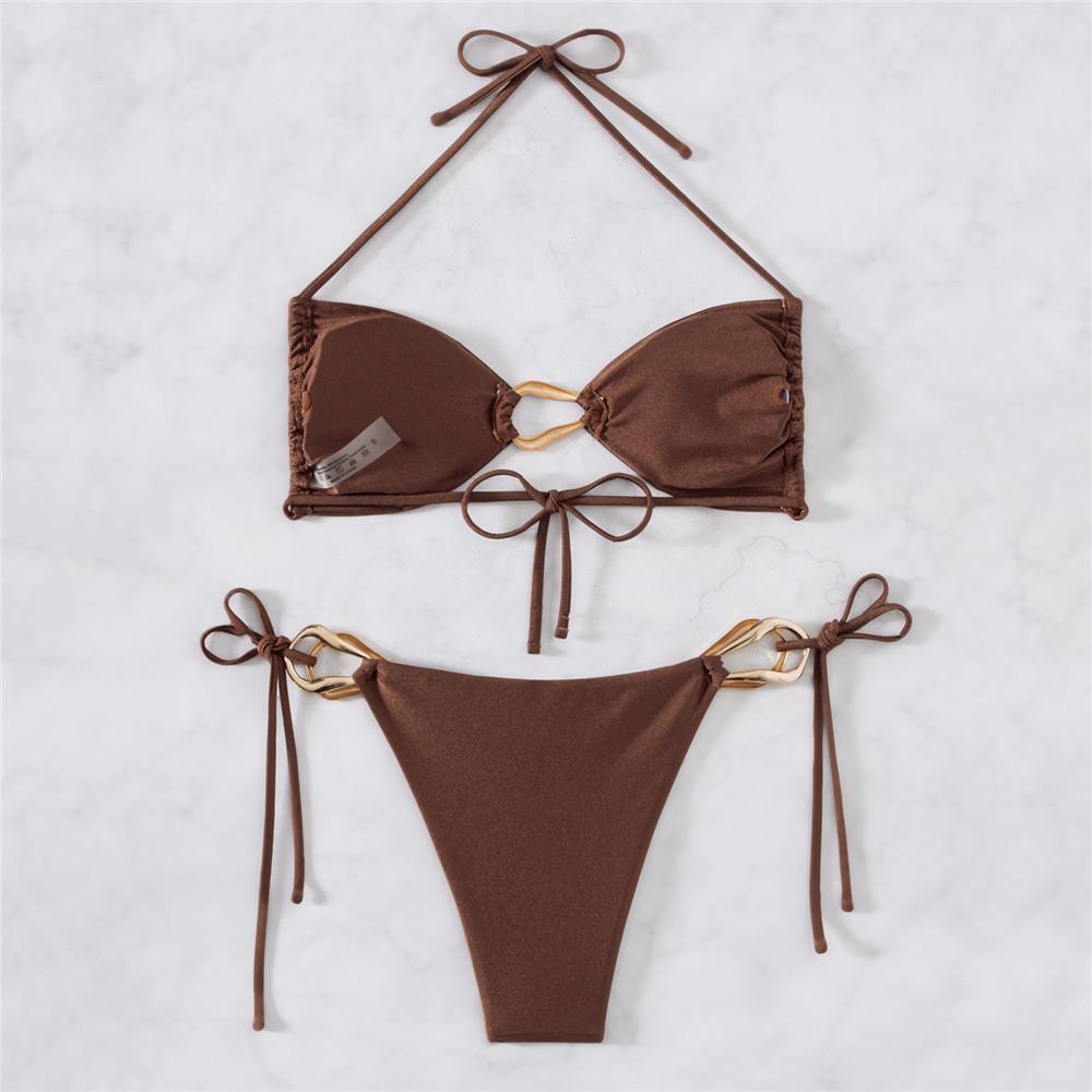 Brown Shiny Halter String Micro Bikini Thong Sexy Swimsuit Women Metal Ring Swimwear 2026 Mini Biquini Bathing Suit Bikinis Sets
