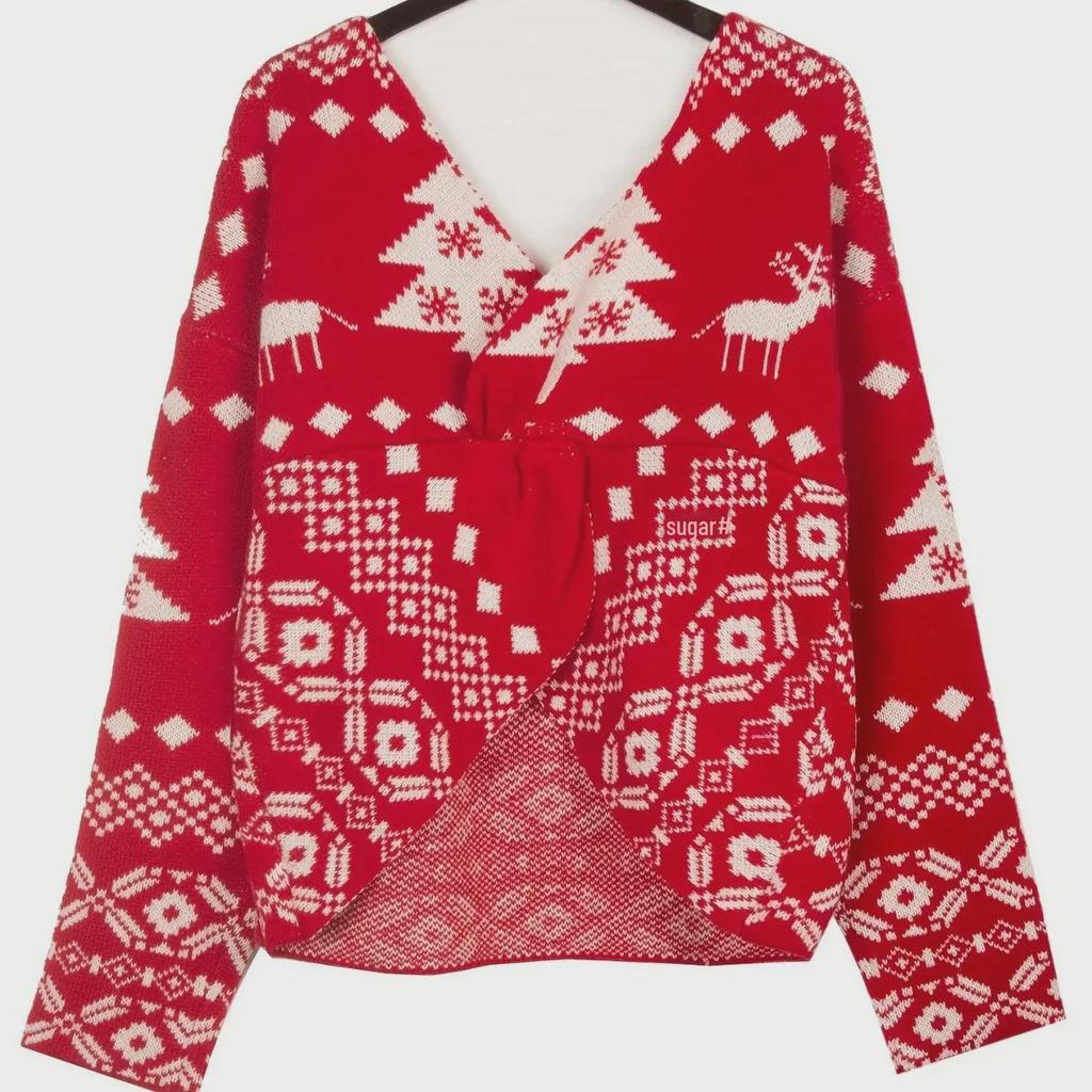 Women's Wool Christmas Snowflake V-Neck Cardigan - Double-Sided, Irregular, Backless, Off-Shoulder, Long-Sleeved Sweater