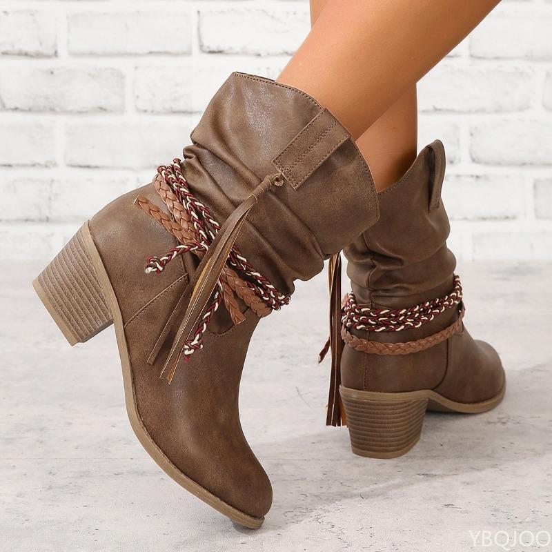 Botas da moda femininas de cano médio em tamanho grande, retrô, salto grosso, com borlas, decote em V, simples, confortáveis