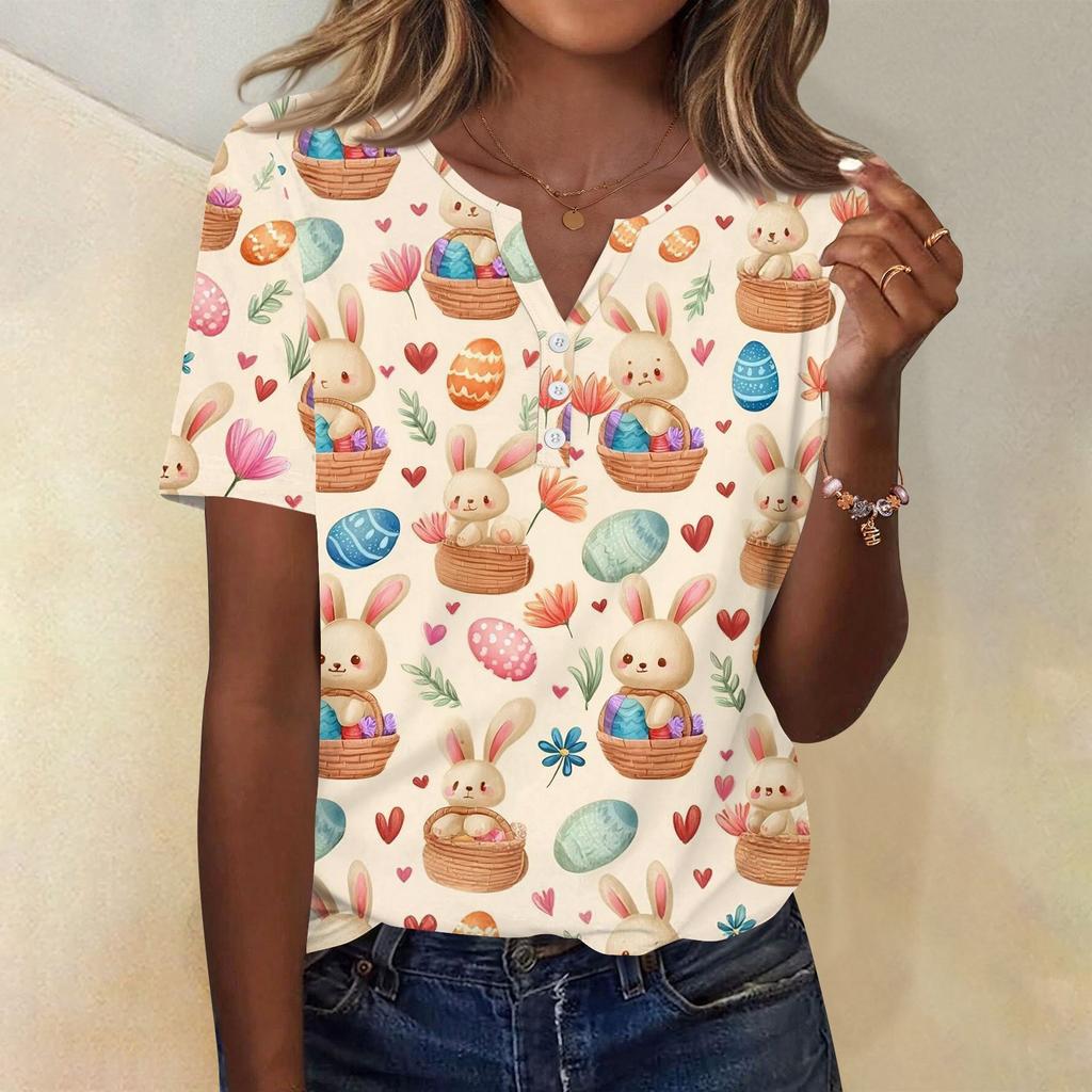 Damen T-Shirt mit Aufdruck und Knopfleiste, kurzärmelig, für den Alltag, Wochenendmode, Basic, V-Ausschnitt, normales Oberteil