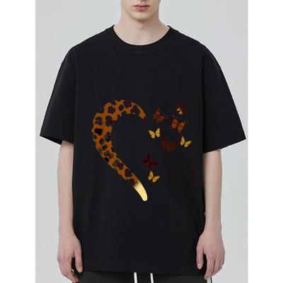 Crewneck T Shirt Black Leopard Print Heart and Butterflies Design Casual Wear
