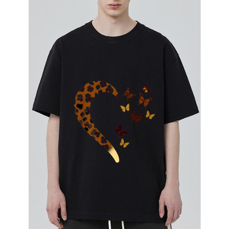 

Crewneck T Shirt Black Leopard Print Heart and Butterflies Design Casual Wear XXXXL чёрный