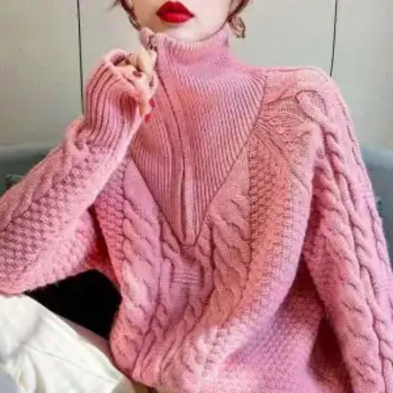 Women's Turtleneck Knitted Sweater Autumn Winter Korean Lazy Zipper Loose Pullover Top Thickened