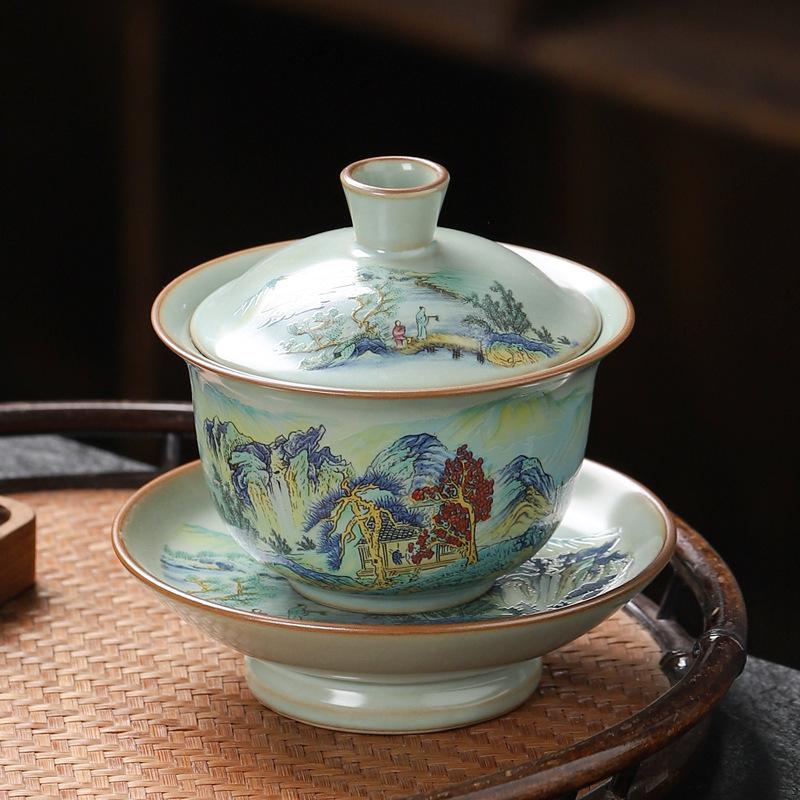 Beige Ru Kiln Sancai Cover Bowl Opening Film Can Feed Tea Bowl Kung Fu Tea Set Large Household Tea Bowl Antique Ceramics