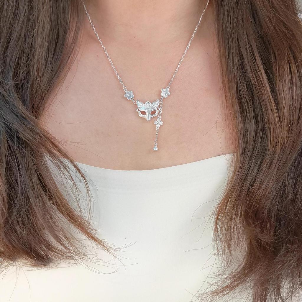 Sterling Silver Fox Mask Necklace with Gilded Flower Tassel - Chinese Style Jewelry, Perfect Birthday Gift for Women