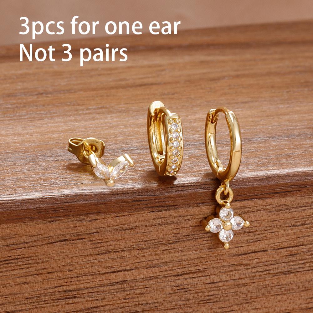 3PCS Korean Stainless Steel Butterfly Crystal Zirconia Round Hoop Earrings Set For Women Gold Plated Fashion Jewelry Gift Aretes