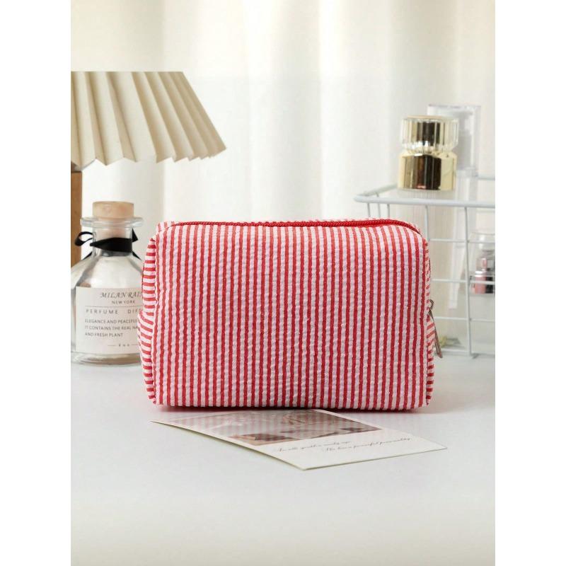 Striped Bubble Chiffon Zipper Clutch, Travel Toiletry Bag, Striped Cosmetic Bag