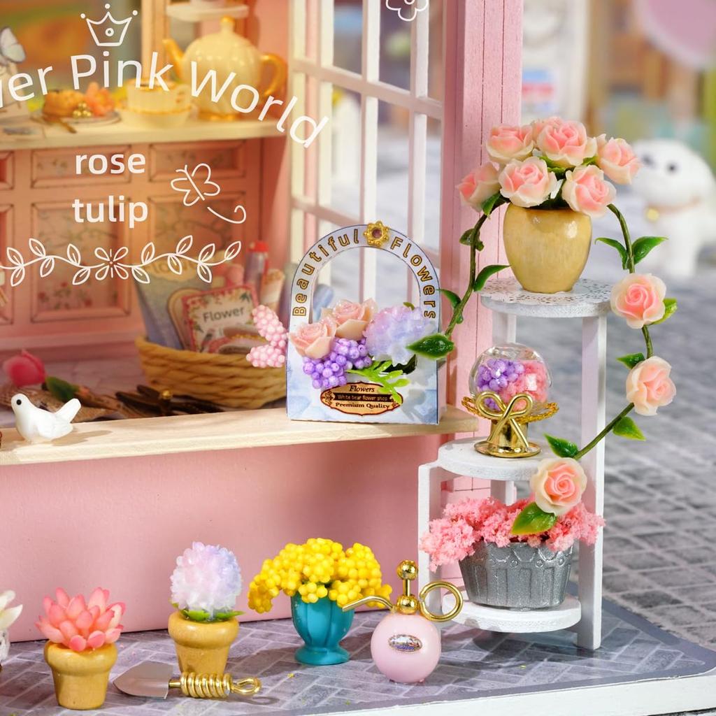 CUTEROOM Dollhouse for Beginners: Wooden Miniature Pink Flower Shop (DIY Toy - Includes Miniature Wooden Furniture and Decorations) - Perfect Gift