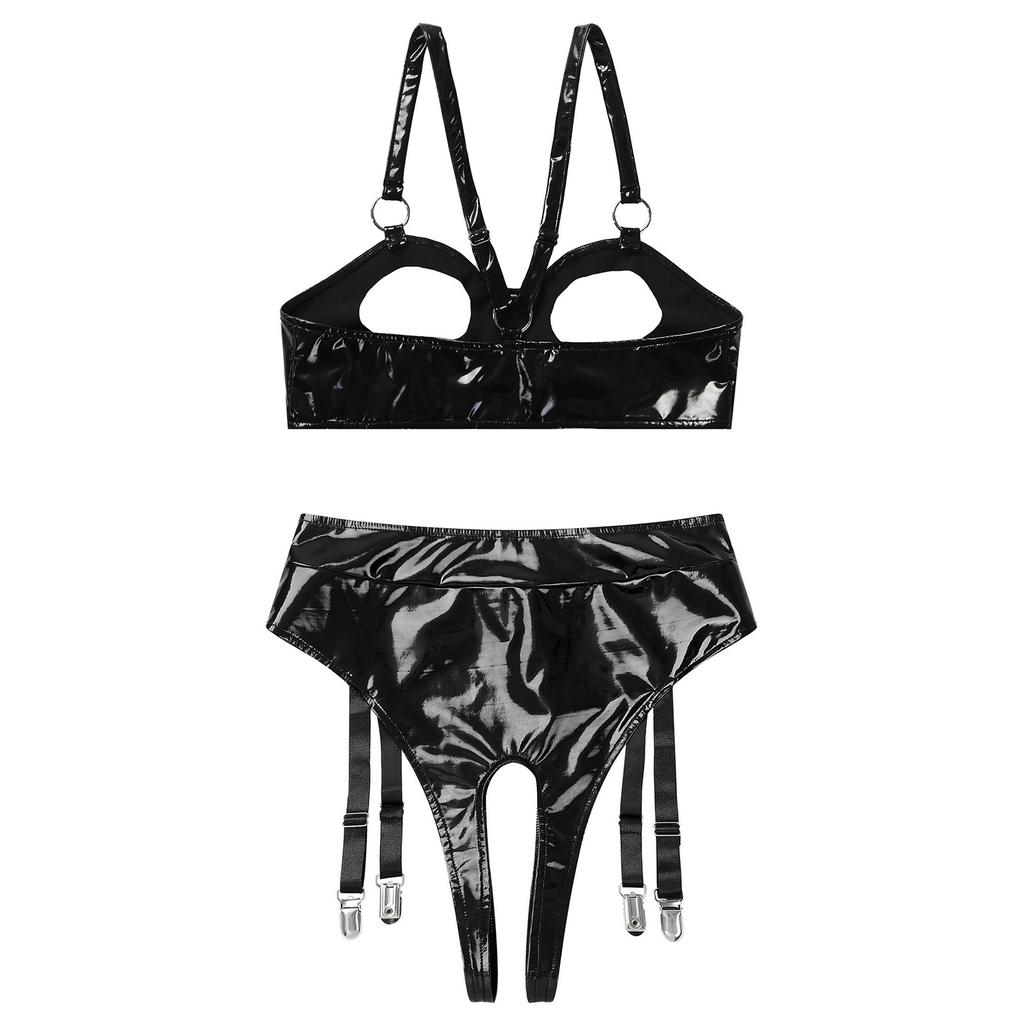 Ladies Glossy PU Leather Clubwear Set Open Cup Wireless O-Ring Bralette plus Integrated Panty Tiered Mini Skirt with Garter Clips for Night Out