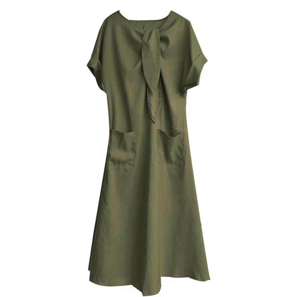 2025 Summer Elegant Plus Size Loose Long Dress with Bow Pockets and Short Sleeves