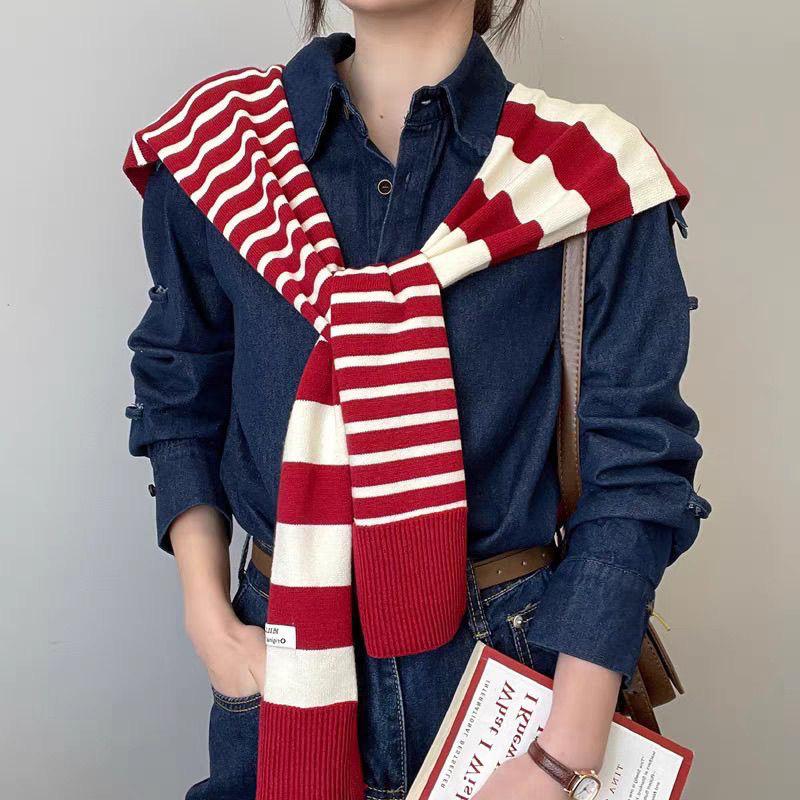 Women's Shawl Knitted Striped Shawl Cross Shawl Blouse Shoulders Fake Collar Cape Knotted Scarf For Women Outerwear
