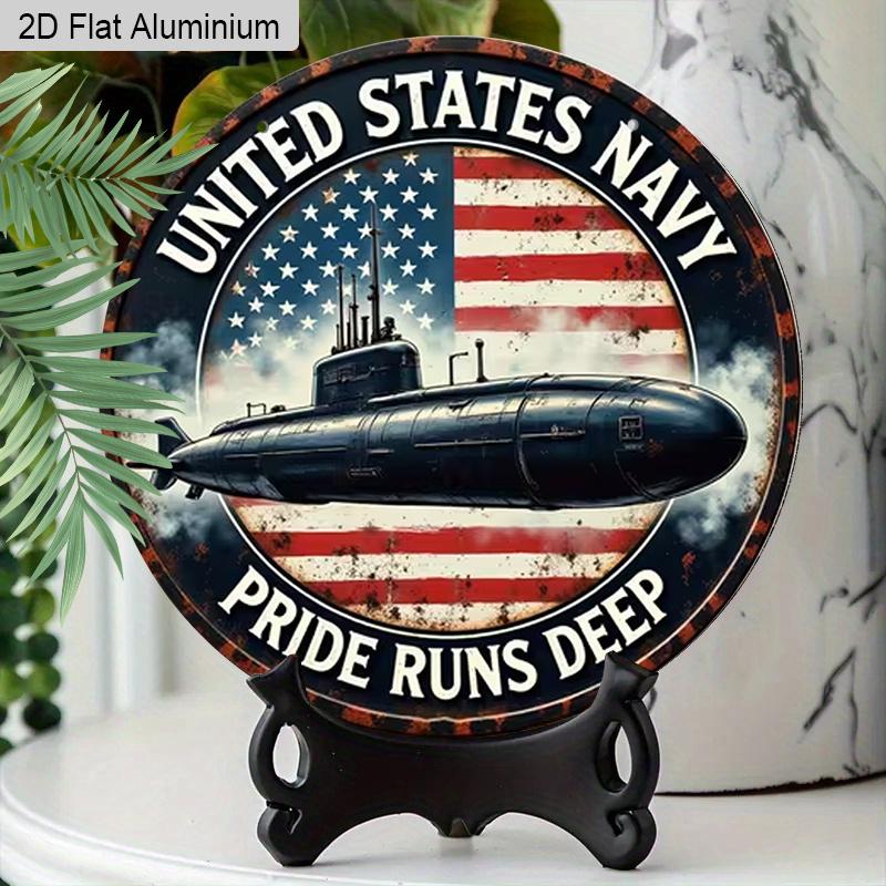 2D Flat AluminumVintage US Navy Submarine Round Metal Sign, Inspirational Spiritual Patriotic Americana Rustic Wall Decor, Pre-Drilled Holes for Easy