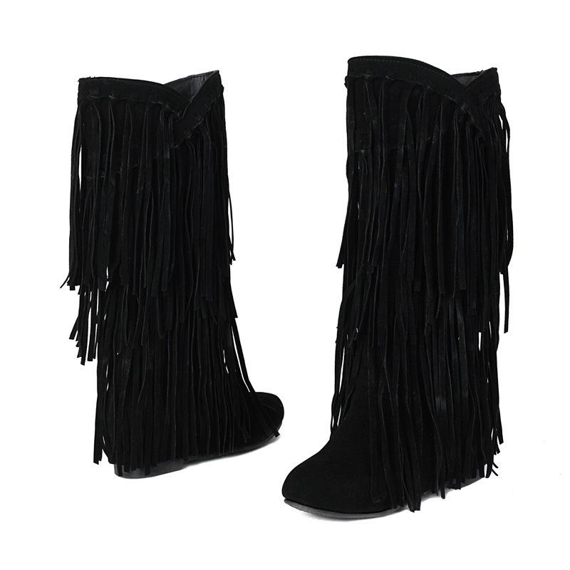 Large size boots autumn and winter new women's boots casual fringed boots college style flat-bottomed high boots women's shoes