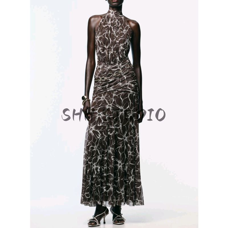 Fall Women's Clothing Ruched Decorative Bowknot Shoelace Hanging Collar Print Silk Net Length Dress 5039143